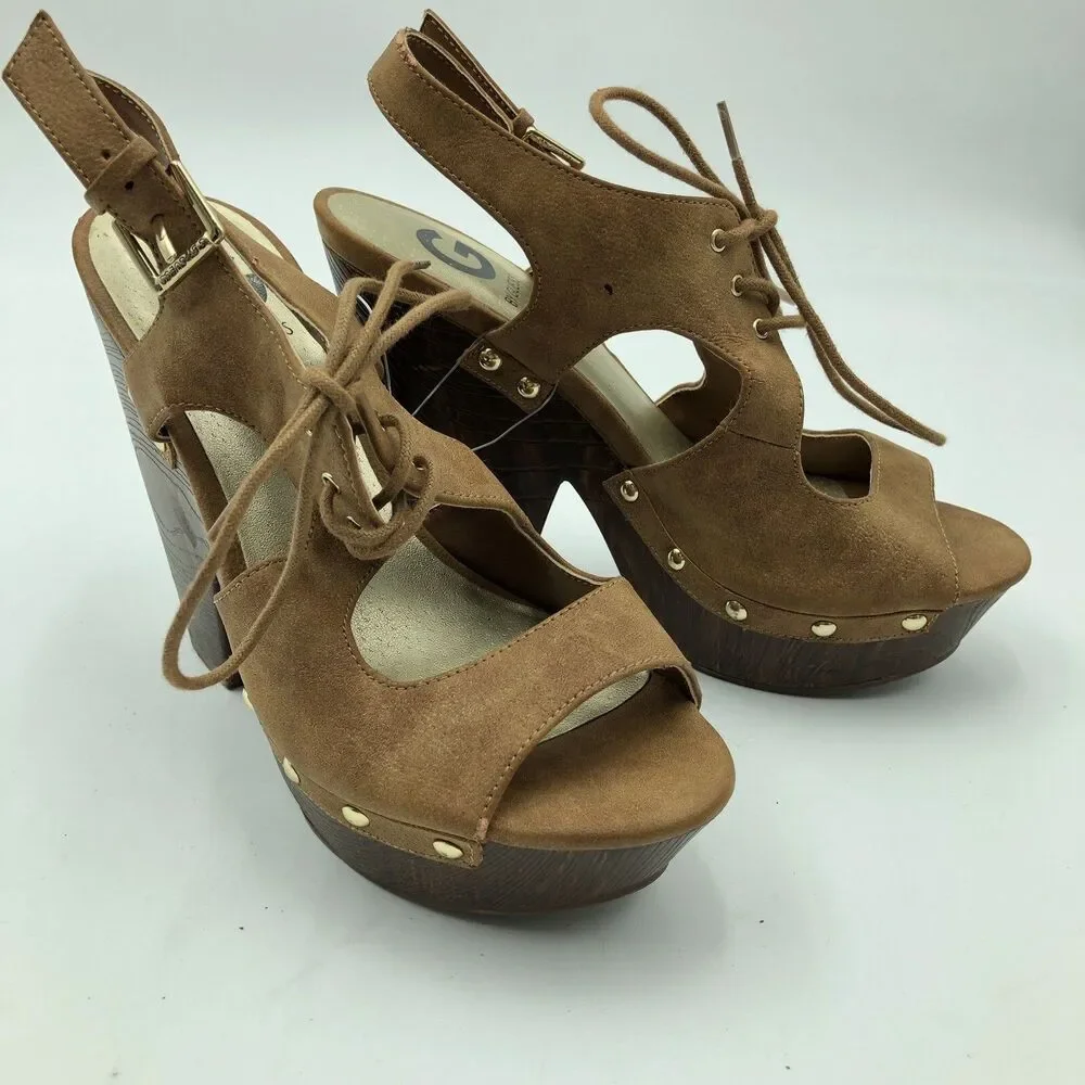 G By GUESS Brown Lace Up Sling Back Open Toe Suede Leather Heel Pump Size 6.5